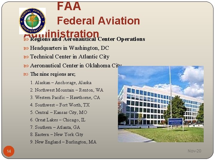 FAA Federal Aviation Administration Regions and Aeronautical Center Operations Headquarters in Washington, DC Technical