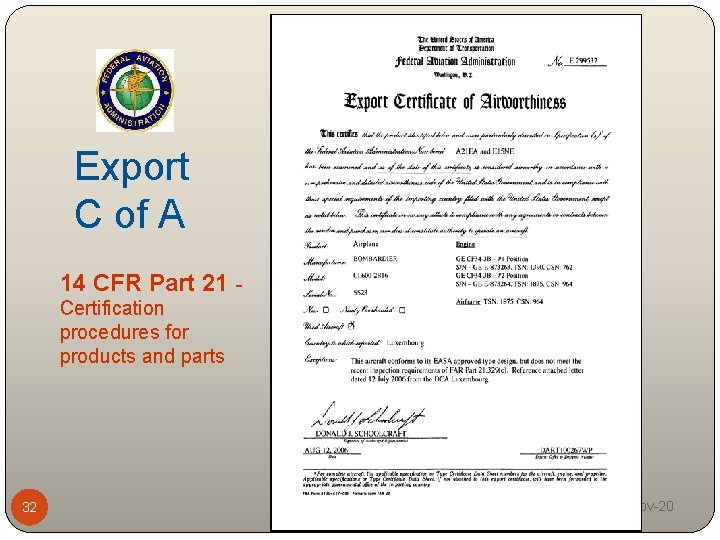 Export C of A 14 CFR Part 21 Certification procedures for products and parts