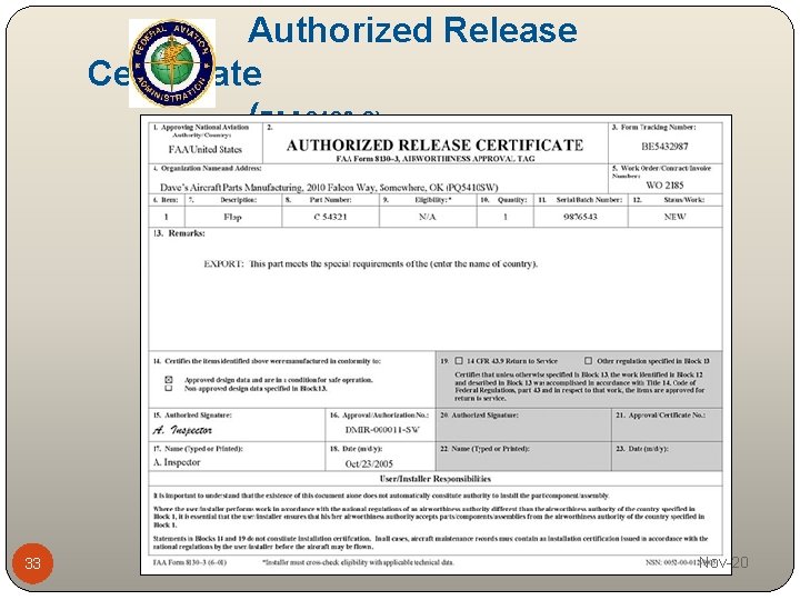 Authorized Release Certificate (FAA 8130 -3) 33 Nov-20 