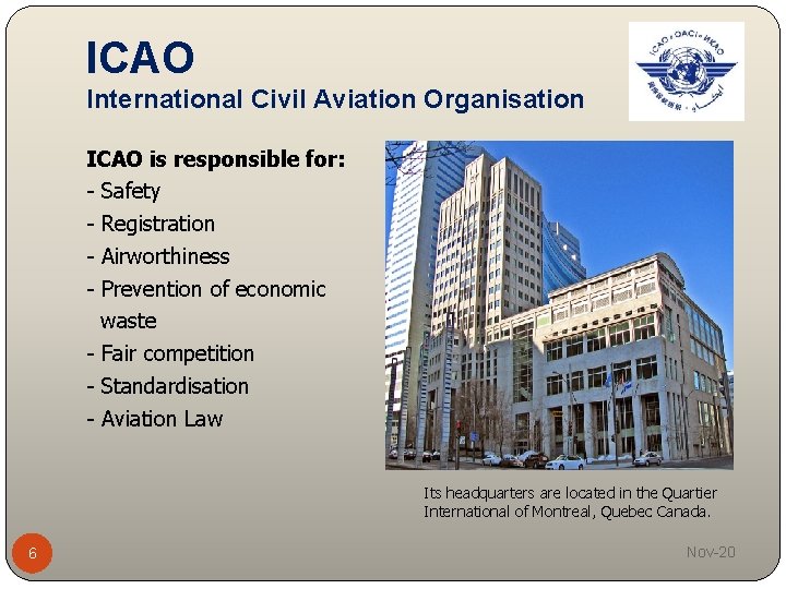 ICAO International Civil Aviation Organisation ICAO is responsible for: - Safety - Registration -