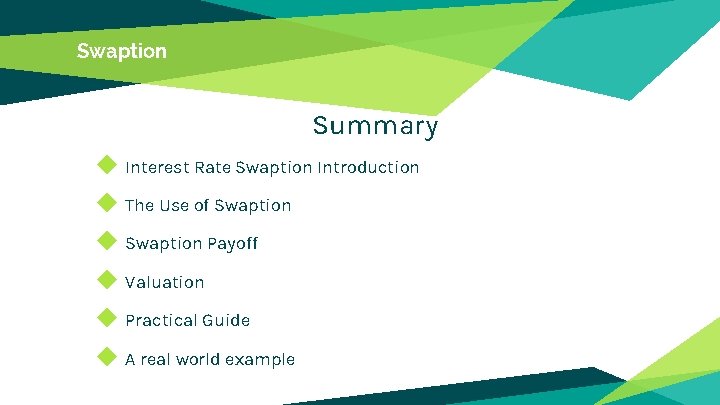 Swaption Summary ◆ Interest Rate Swaption Introduction ◆ The Use of Swaption ◆ Swaption