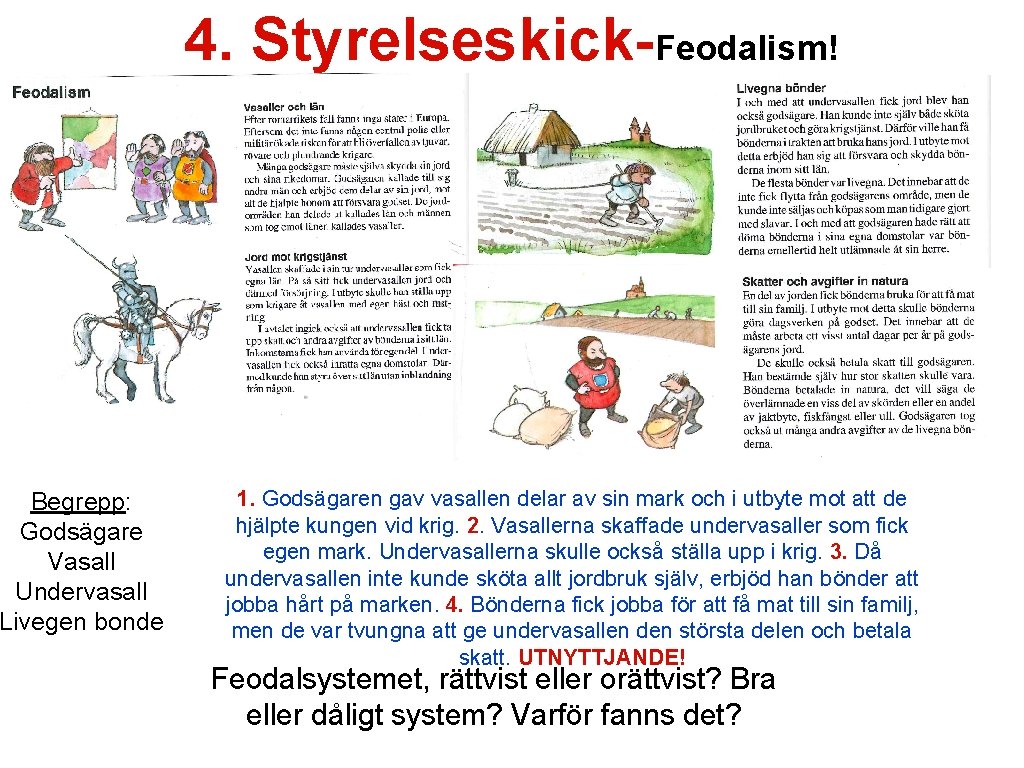 Begrepp: Godsägare Vasall Undervasall Livegen bonde 4. Styrelseskick-Feodalism! 1. Godsägaren gav vasallen delar av