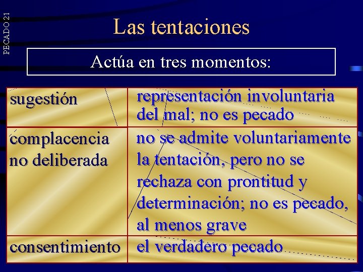 PECADO 21 Las tentaciones Actúa en tres momentos: representación involuntaria del mal; no es PECADO 21 Las tentaciones Actúa en tres momentos: representación involuntaria del mal; no es