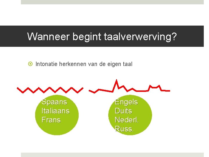 Wanneer begint taalverwerving? Intonatie herkennen van de eigen taal Spaans Italiaans Frans Engels Duits Wanneer begint taalverwerving? Intonatie herkennen van de eigen taal Spaans Italiaans Frans Engels Duits