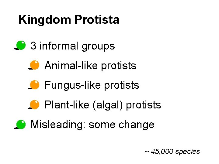 Kingdom Protista 3 informal groups Animal-like protists Fungus-like protists Plant-like (algal) protists Misleading: some