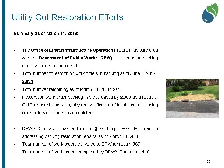 Utility Cut Restoration Efforts Summary as of March 14, 2018: • The Office of
