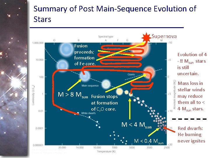 Summary of Post Main-Sequence Evolution of Stars Supernova Fusion proceeds; formation of Fe core.