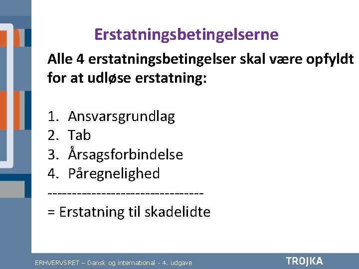 Erstatningsbetingelserne Alle 4 erstatningsbetingelser skal være opfyldt for at udløse erstatning: 1. Ansvarsgrundlag 2.