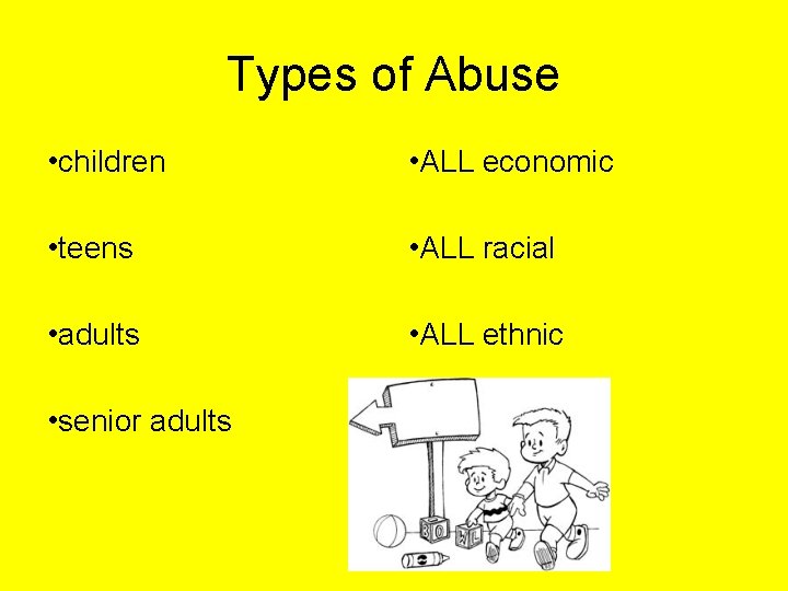 Types of Abuse • children • ALL economic • teens • ALL racial •