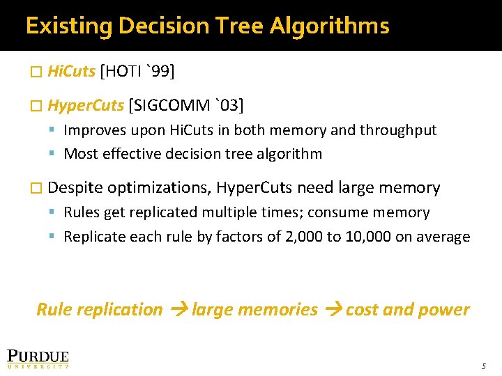 Existing Decision Tree Algorithms � Hi. Cuts [HOTI `99] � Hyper. Cuts [SIGCOMM `03]