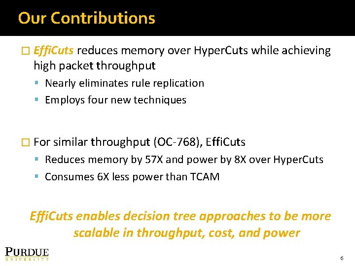 Our Contributions � Effi. Cuts reduces memory over Hyper. Cuts while achieving high packet