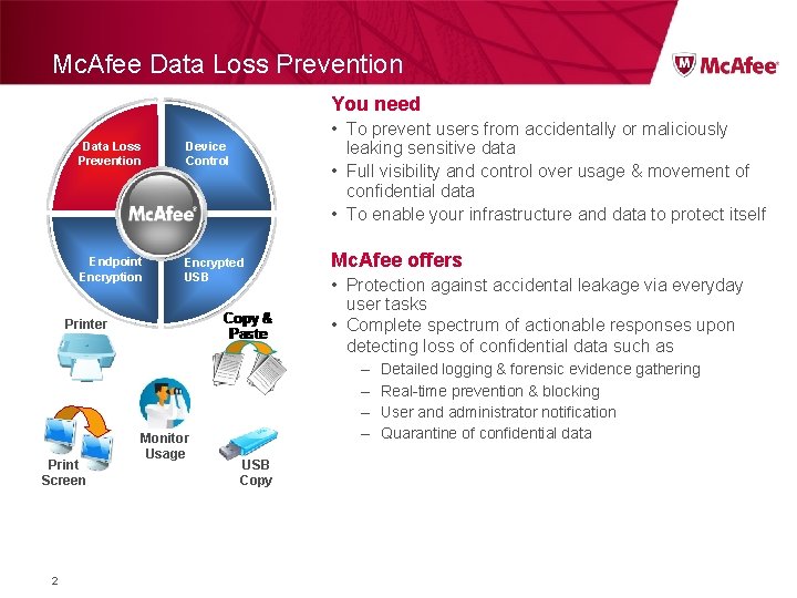 Mc. Afee Data Loss Prevention You need • To prevent users from accidentally or