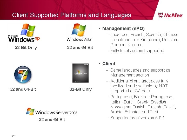 Client Supported Platforms and Languages • Management (e. PO) 32 -Bit Only 32 and