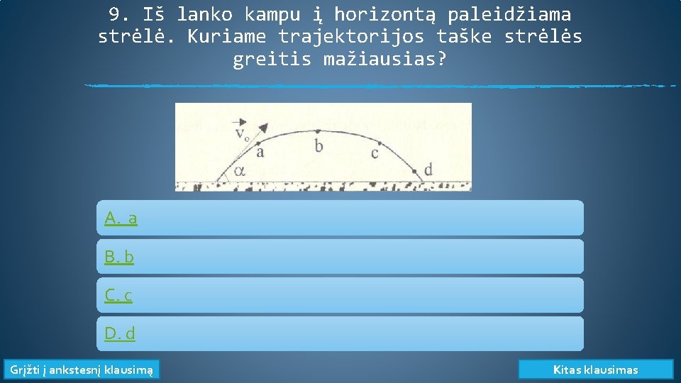 9. Iš lanko kampu į horizontą paleidžiama strėlė. Kuriame trajektorijos taške strėlės greitis mažiausias?