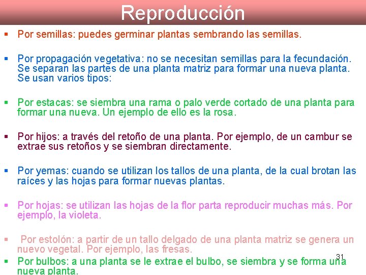 Reproducción § Por semillas: puedes germinar plantas sembrando las semillas. § Por propagación vegetativa: