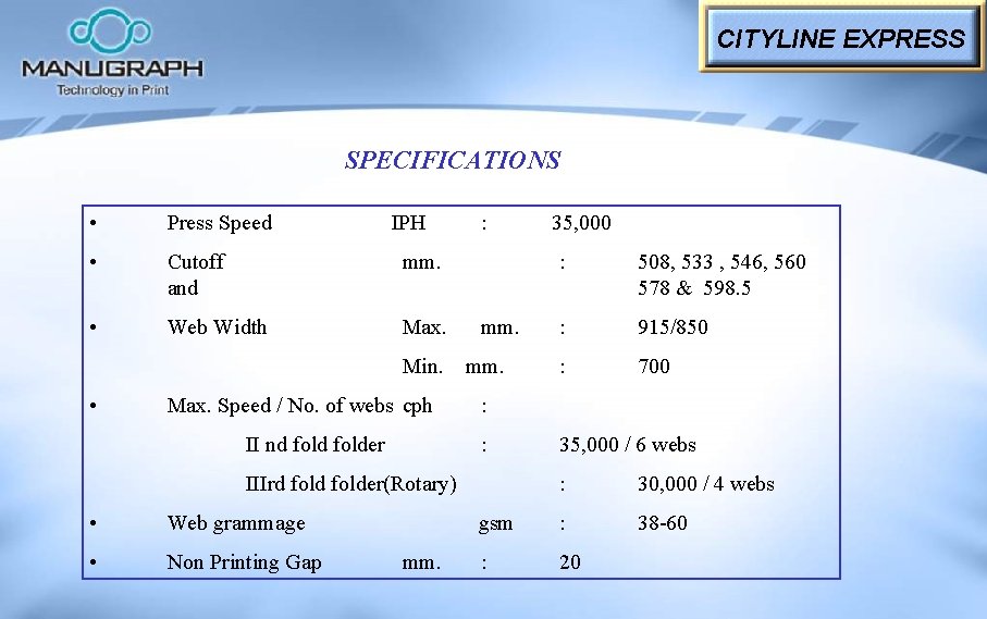 CITYLINE EXPRESS SPECIFICATIONS • Press Speed IPH • Cutoff and mm. • Web Width