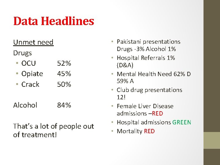 Data Headlines Unmet need Drugs • OCU 52% • Opiate 45% • Crack 50%