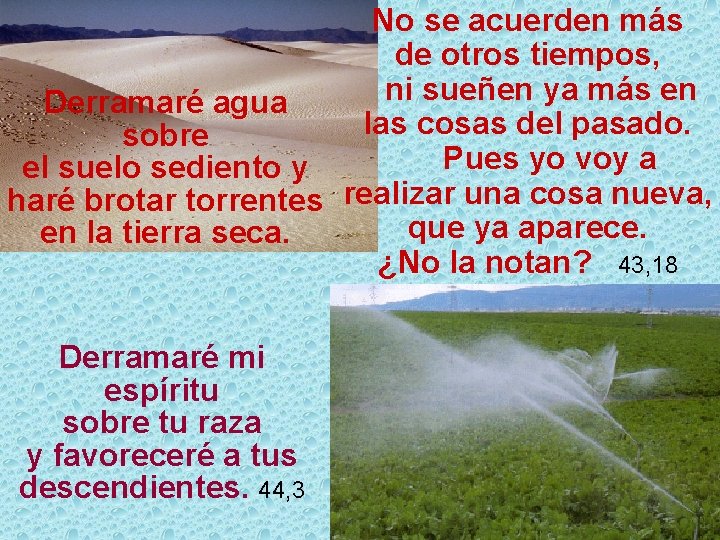 No se acuerden más de otros tiempos, ni sueñen ya más en Derramaré agua