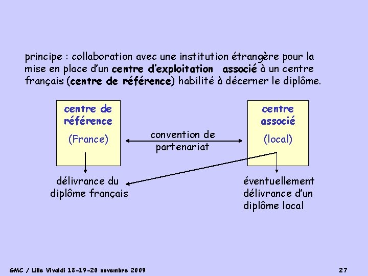 principe : collaboration avec une institution étrangère pour la mise en place d’un centre