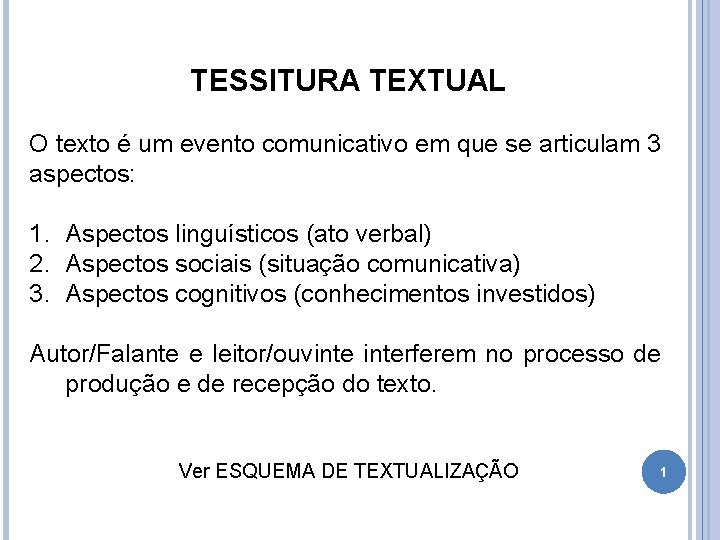 TESSITURA TEXTUAL O texto é um evento comunicativo em que se articulam 3 aspectos: