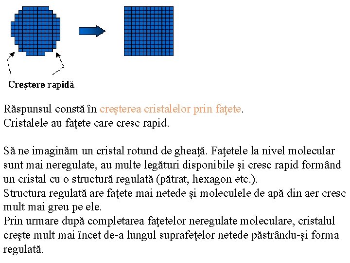 Răspunsul constă în creşterea cristalelor prin faţete. Cristalele au faţete care cresc rapid. Să