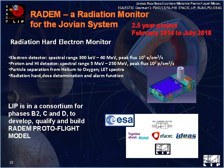 JOVIAN RAD-HARD ELECTRON MONITOR PROTO-FLIGHT MODEL ESA/ESTEC CONTRACT 1 -7560/13/NL/HB EFACEC, LIP, RUAG, PSI,