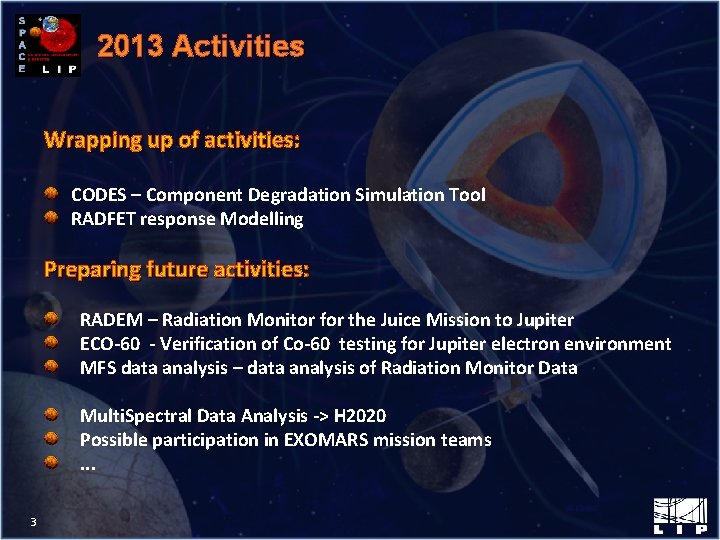 2013 Activities Wrapping up of activities: CODES – Component Degradation Simulation Tool RADFET response
