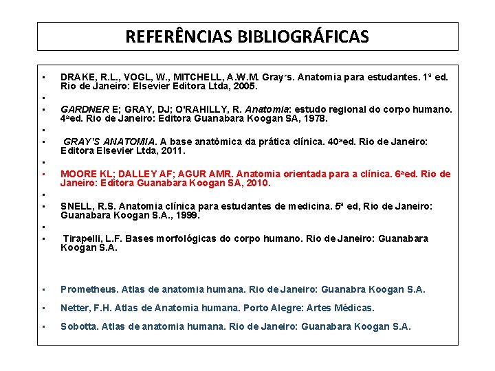 REFERÊNCIAS BIBLIOGRÁFICAS • • • DRAKE, R. L. , VOGL, W. , MITCHELL, A.