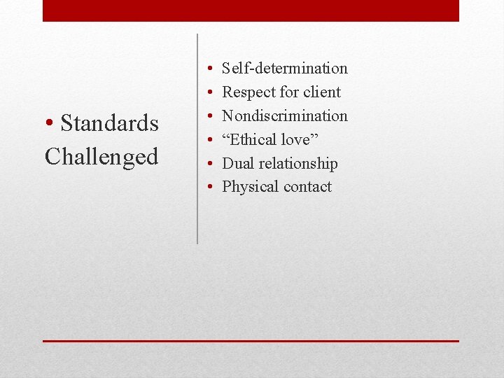  • Standards Challenged • • • Self-determination Respect for client Nondiscrimination “Ethical love”