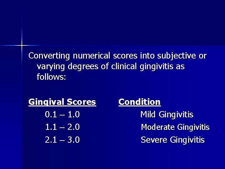 Converting numerical scores into subjective or varying degrees of clinical gingivitis as follows: Gingival