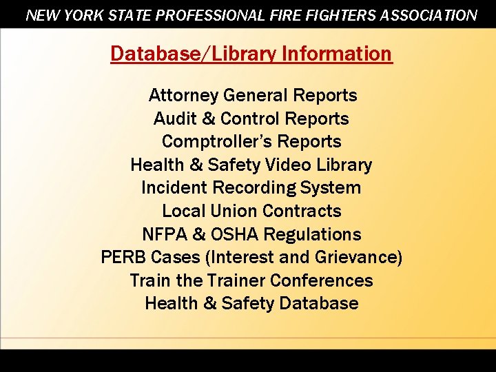 NEW YORK STATE PROFESSIONAL FIRE FIGHTERS ASSOCIATION Database/Library Information Attorney General Reports Audit &