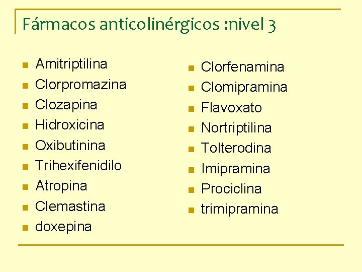 Fármacos anticolinérgicos : nivel 3 n n n n n Amitriptilina Clorpromazina Clozapina Hidroxicina