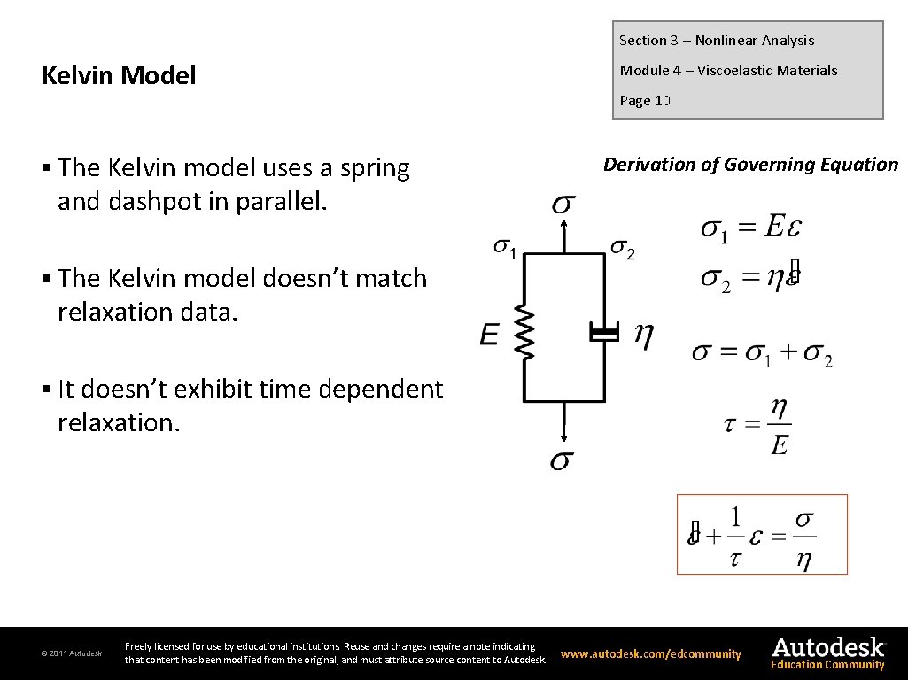 Section 3 – Nonlinear Analysis Kelvin Model § The Kelvin model uses a spring