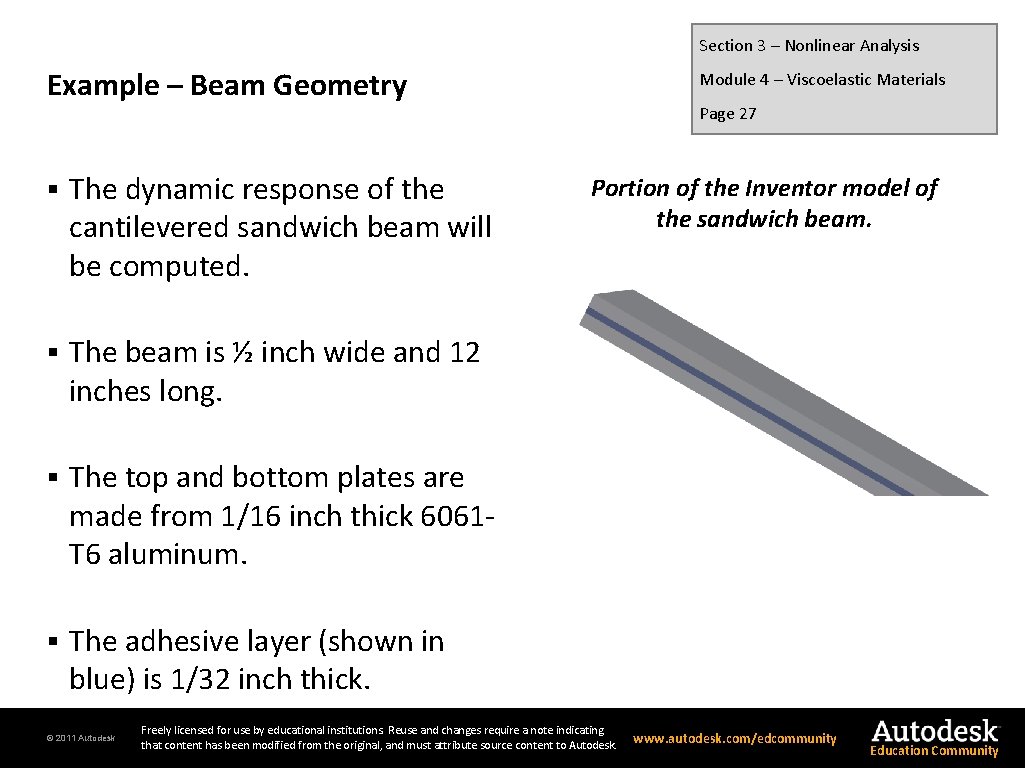 Section 3 – Nonlinear Analysis Example – Beam Geometry § The dynamic response of