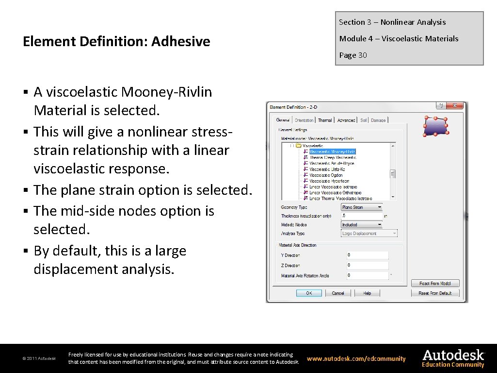 Section 3 – Nonlinear Analysis Element Definition: Adhesive § § § Module 4 –