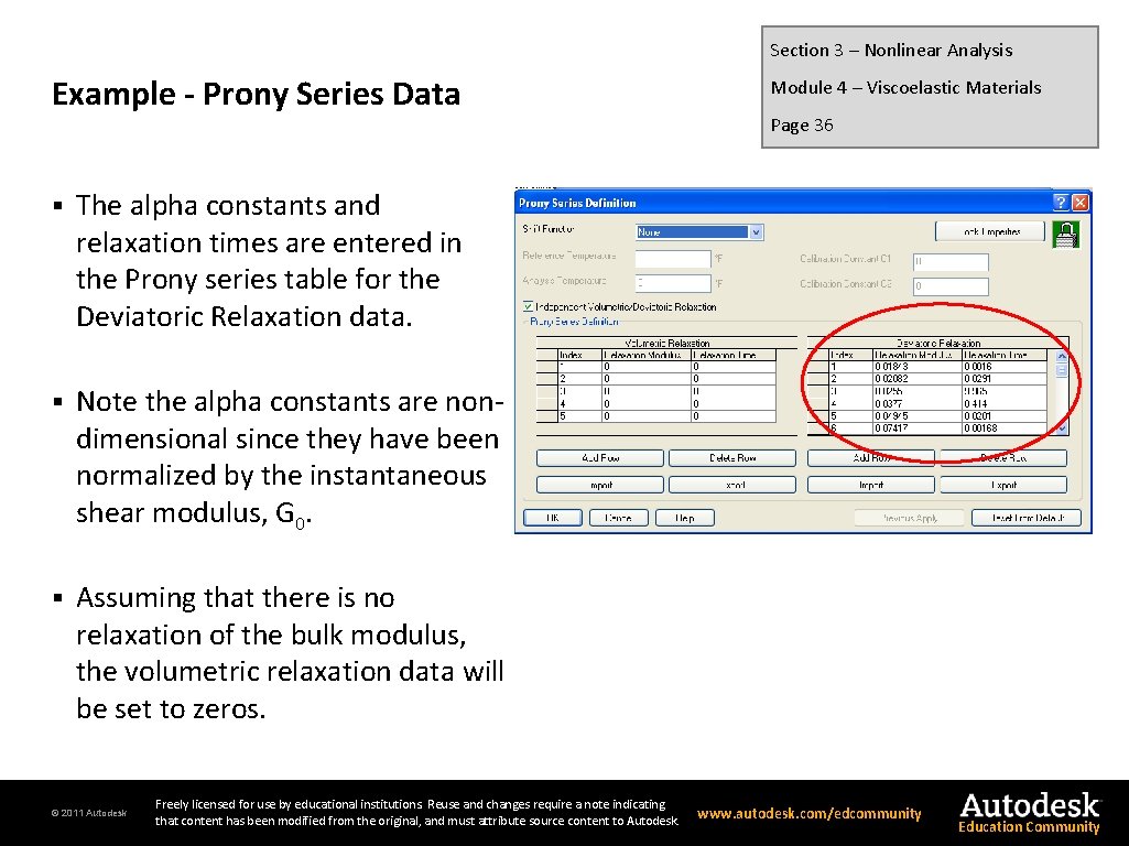 Section 3 – Nonlinear Analysis Example - Prony Series Data § The alpha constants