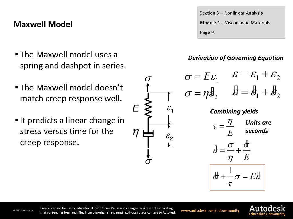 Section 3 – Nonlinear Analysis Maxwell Model § The Maxwell model uses a spring