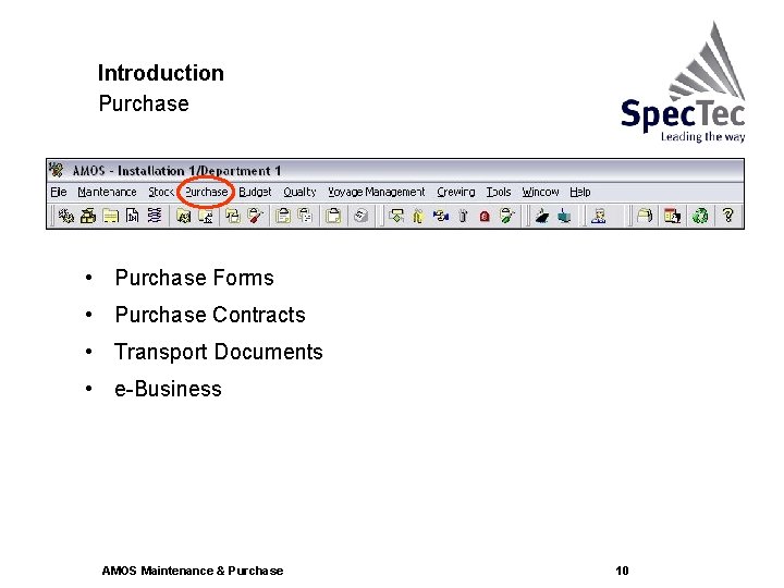 Introduction Purchase • Purchase Forms • Purchase Contracts • Transport Documents • e-Business AMOS