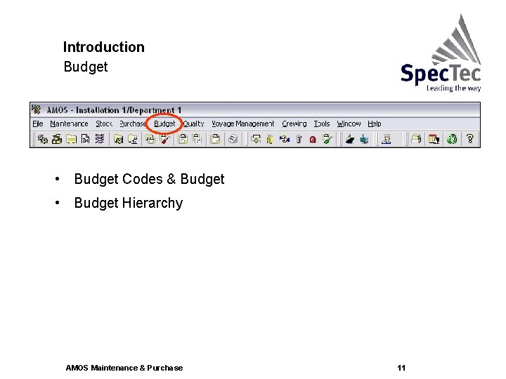 Introduction Budget • Budget Codes & Budget • Budget Hierarchy AMOS Maintenance & Purchase