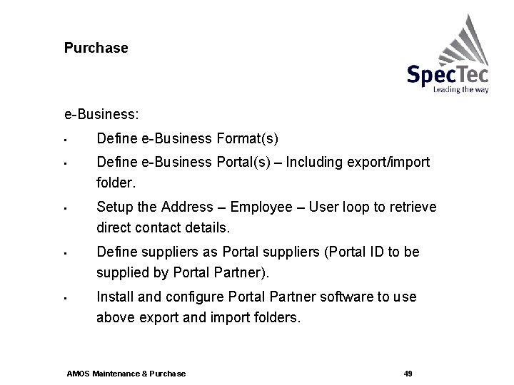 Purchase e-Business: • • • Define e-Business Format(s) Define e-Business Portal(s) – Including export/import