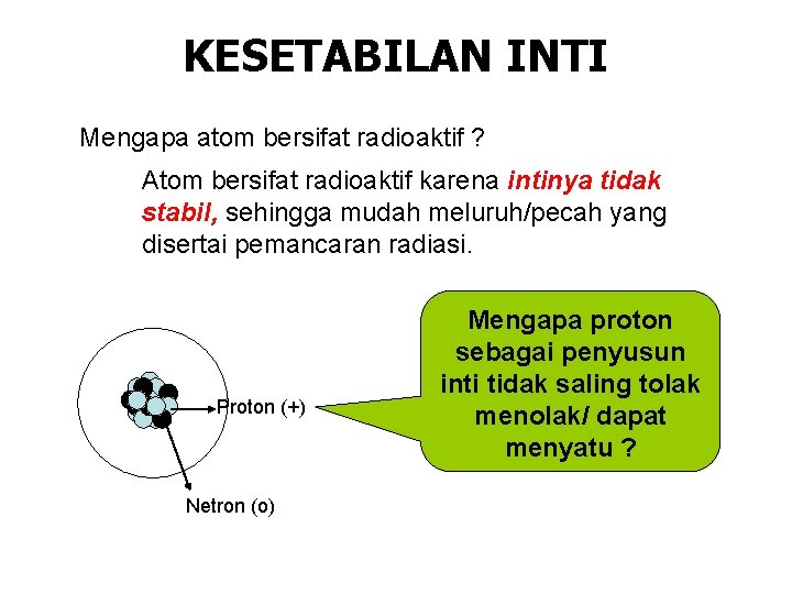 KESETABILAN INTI Mengapa atom bersifat radioaktif ? Atom bersifat radioaktif karena intinya tidak stabil,