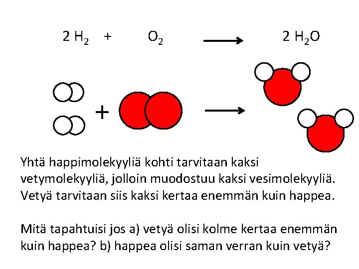  2 H 2 + O 2 2 H 2 O + Yhtä happimolekyyliä