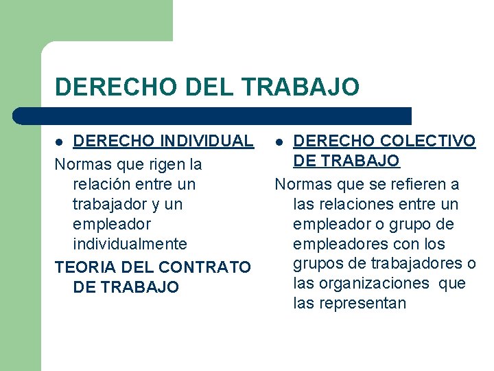 DERECHO DEL TRABAJO DERECHO INDIVIDUAL Normas que rigen la relación entre un trabajador y