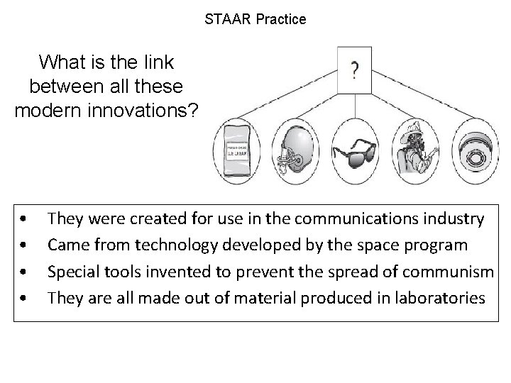 STAAR Practice What is the link between all these modern innovations? • • They