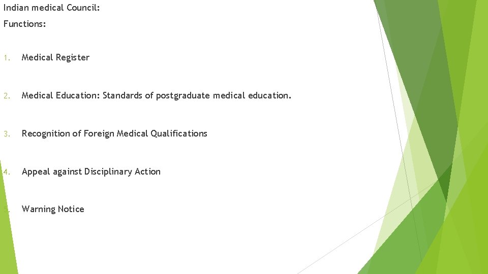 Indian medical Council: Functions: 1. Medical Register 2. Medical Education: Standards of postgraduate medical Indian medical Council: Functions: 1. Medical Register 2. Medical Education: Standards of postgraduate medical