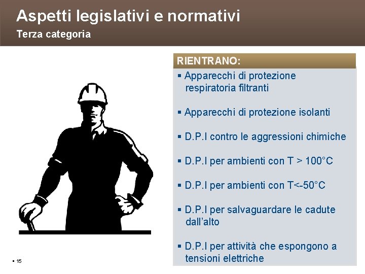 Aspetti legislativi e normativi Terza categoria RIENTRANO: Apparecchi di protezione respiratoria filtranti Apparecchi di