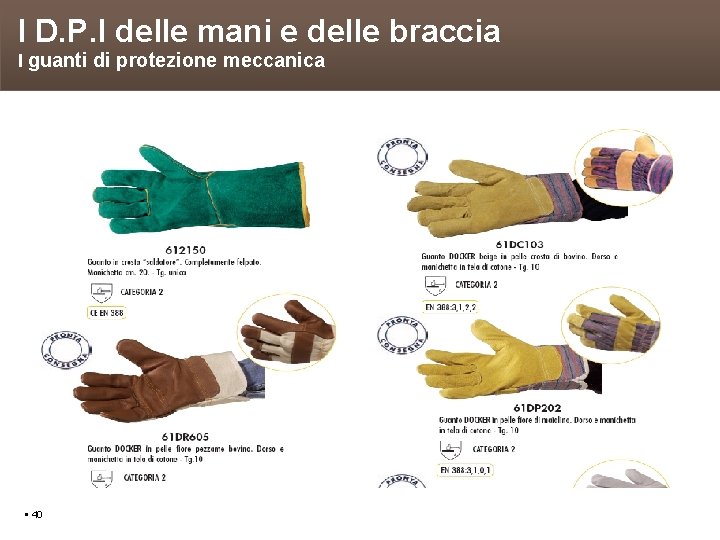 I D. P. I delle mani e delle braccia I guanti di protezione meccanica