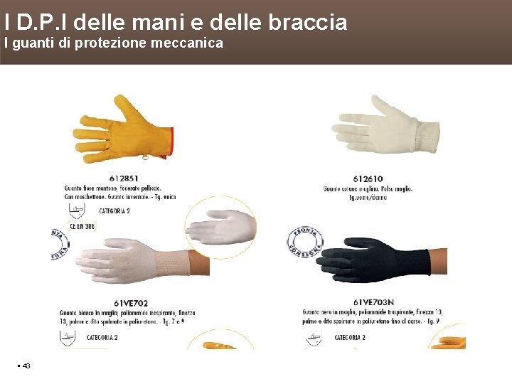 I D. P. I delle mani e delle braccia I guanti di protezione meccanica