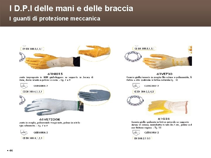I D. P. I delle mani e delle braccia I guanti di protezione meccanica