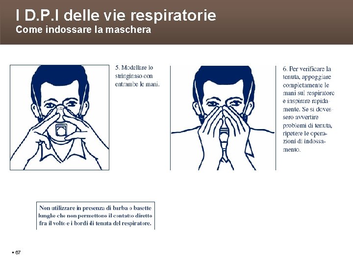 I D. P. I delle vie respiratorie Come indossare la maschera 67 